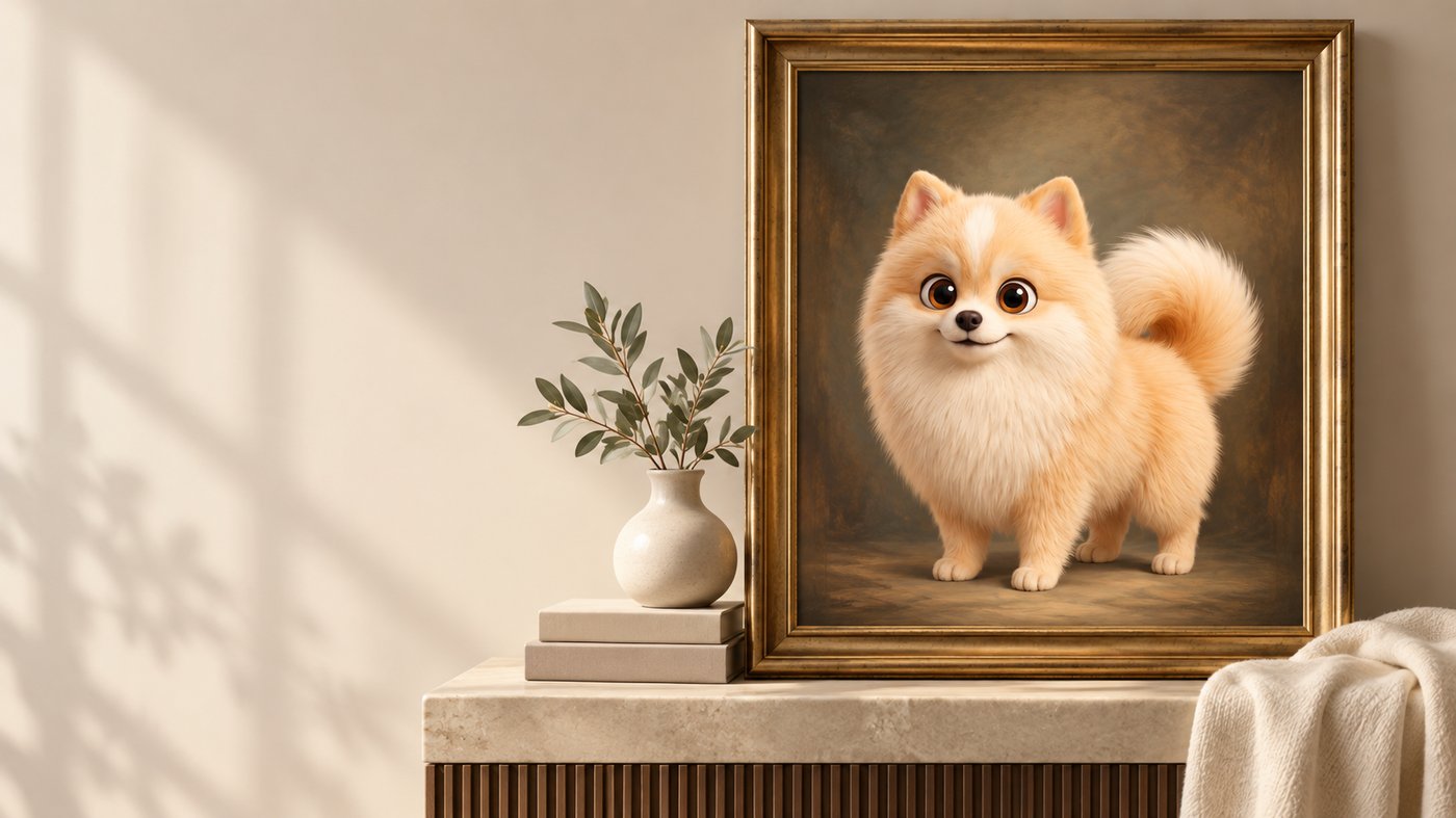 Framed classical-style portrait of Popó on a marble console