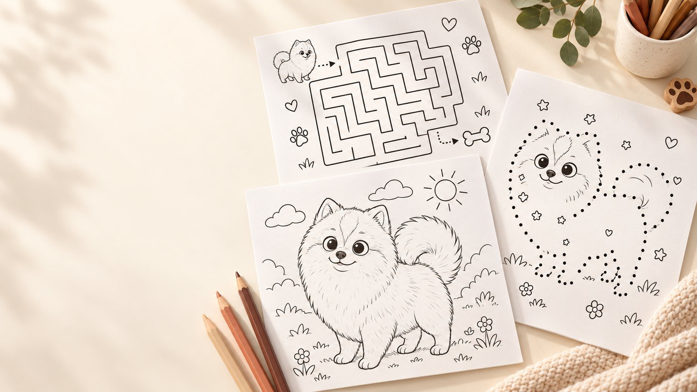 Printable activity sheets with a maze, coloring page and connect-the-dots featuring the Popó Universe pomeranian