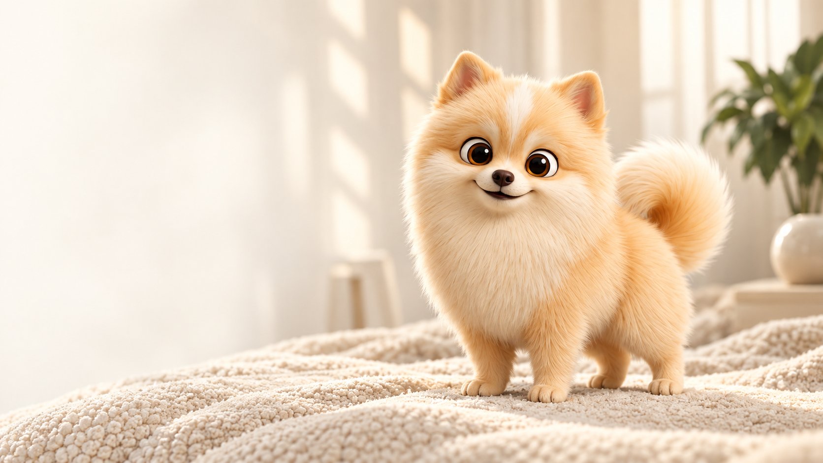Popó, main character of the Popó Universe, standing on a soft cream blanket in natural light