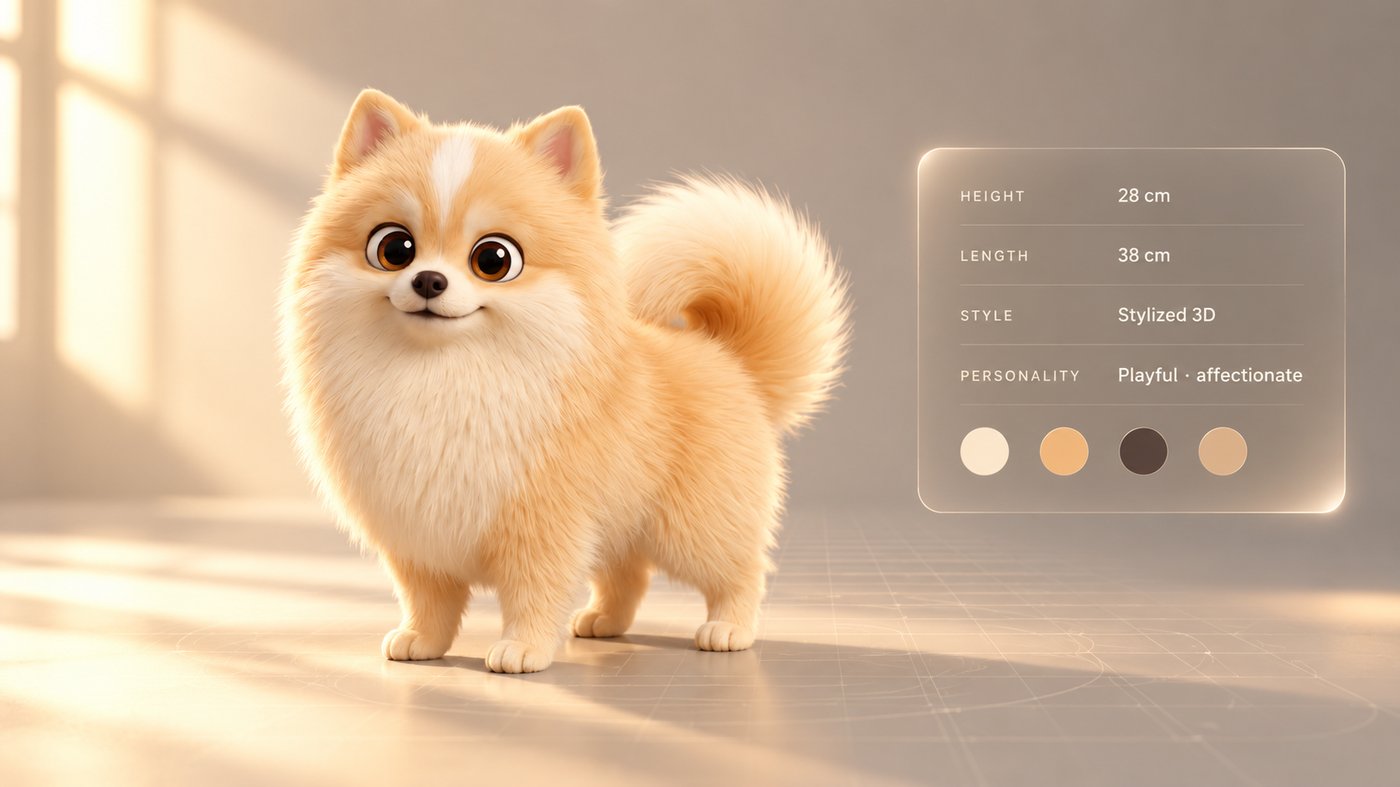 Popó in a 3D studio scene with a translucent specs panel showing height, length, style and personality