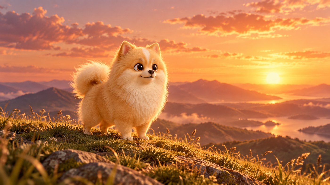Cinematic film frame — Popó as a starring character standing on a hilltop at sunset